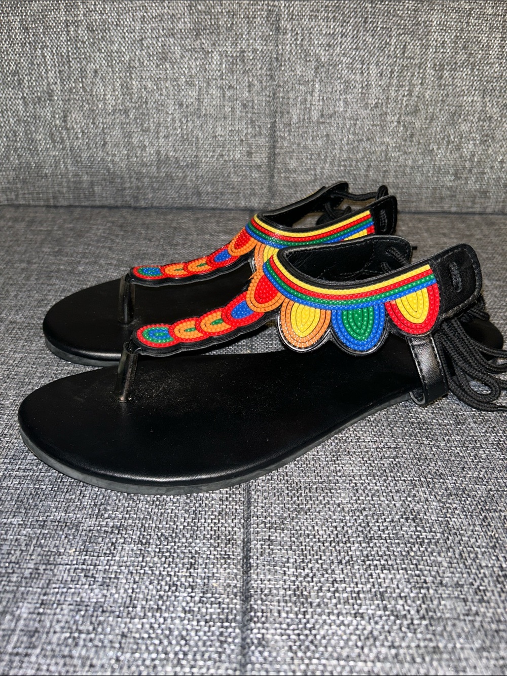 Black Beaded T-Strap Sandals with Rainbow Embroidery - Picture 2 of 7